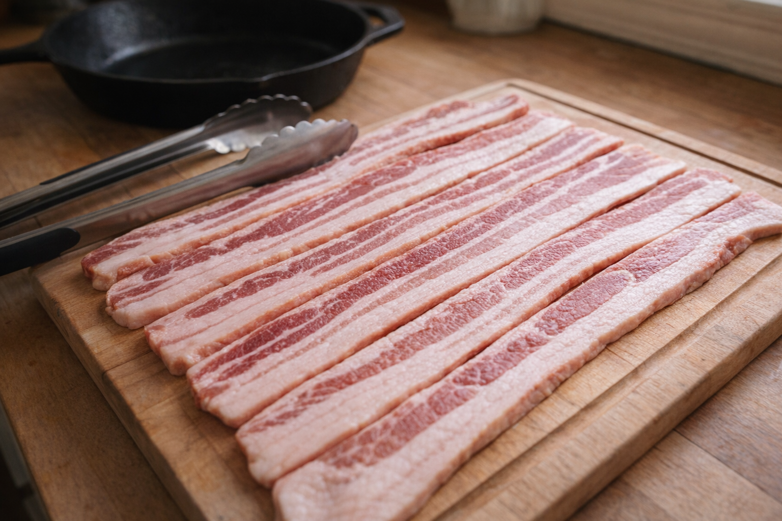 An overhead shot of raw bacon strips neatly arranged on a cutting board with kitchen tongs and a cast iron skillet in the background, natural daylight